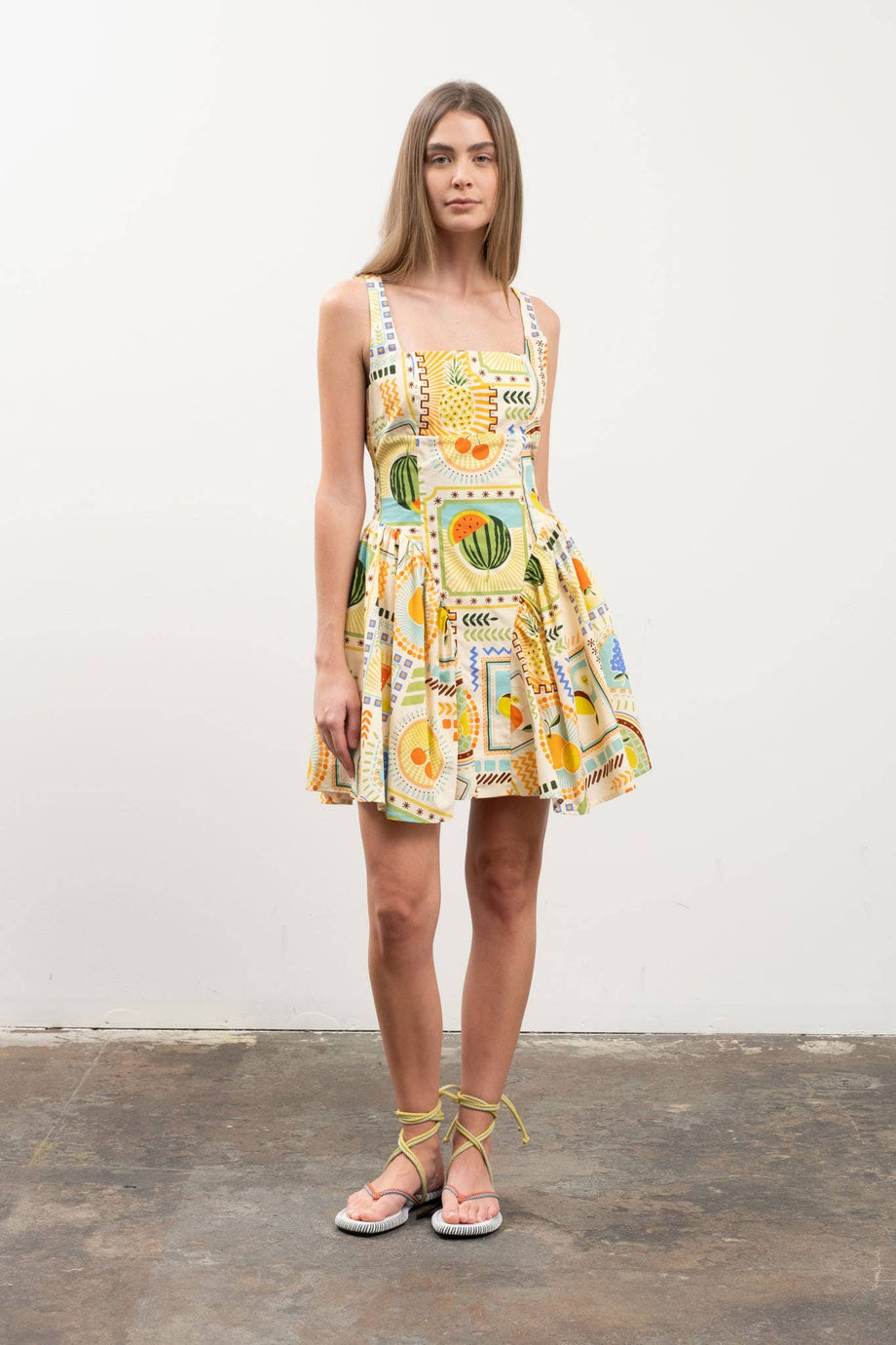 FRUIT TILE PRINT CORSET DETAIL MINI DRESS